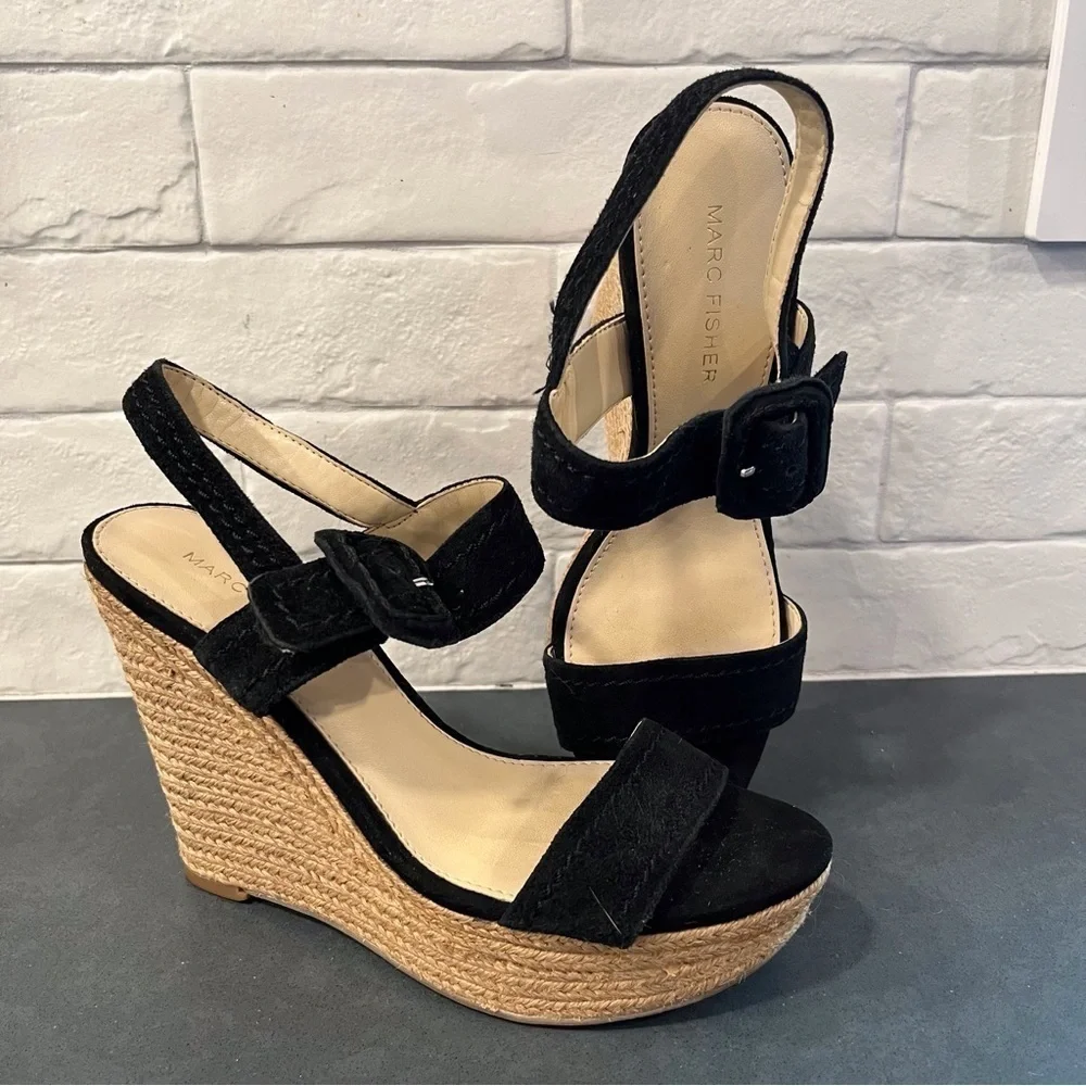 Marc Fisher sz 6 Hipiee black leather platform wedge espadrille